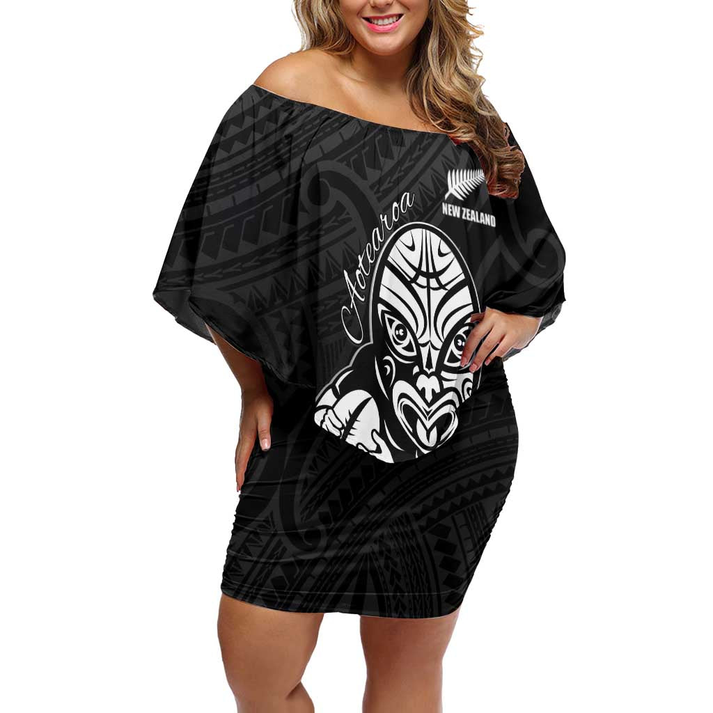 New Zealand Silver Fern Rugby Custom Family Matching Off Shoulder Short Dress and Hawaiian Shirt Maori Tiki Black Version