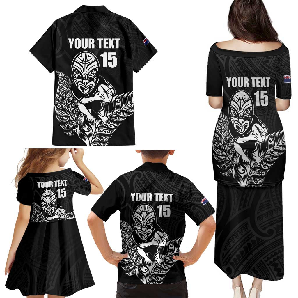 New Zealand Silver Fern Rugby Custom Family Matching Puletasi and Hawaiian Shirt Maori Tiki Black Version