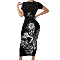 New Zealand Silver Fern Rugby Custom Family Matching Short Sleeve Bodycon Dress and Hawaiian Shirt Maori Tiki Black Version