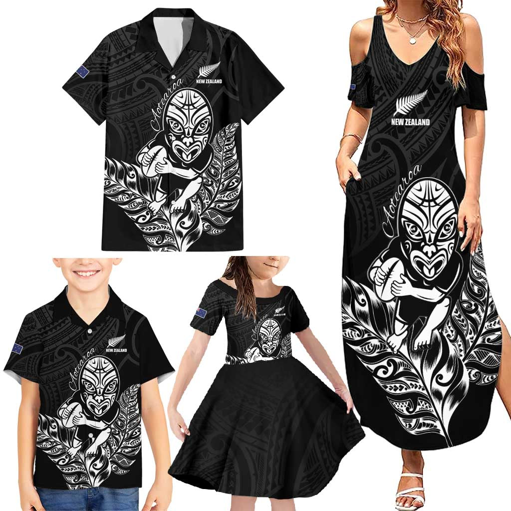 New Zealand Silver Fern Rugby Custom Family Matching Summer Maxi Dress and Hawaiian Shirt Maori Tiki Black Version