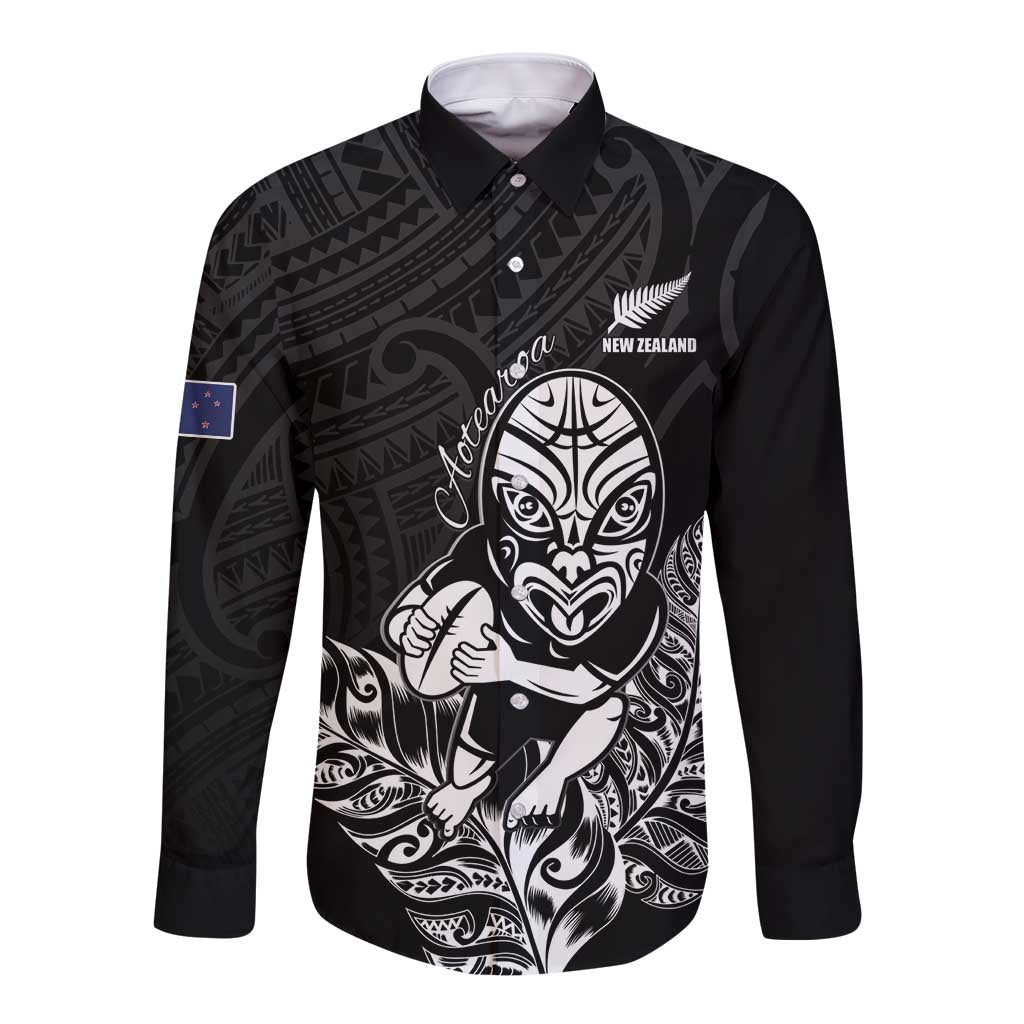 New Zealand Silver Fern Rugby Custom Long Sleeve Button Shirt Maori Tiki Black Version