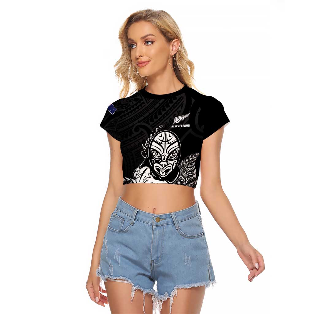 New Zealand Silver Fern Rugby Custom Raglan Cropped T Shirt Maori Tiki Black Version
