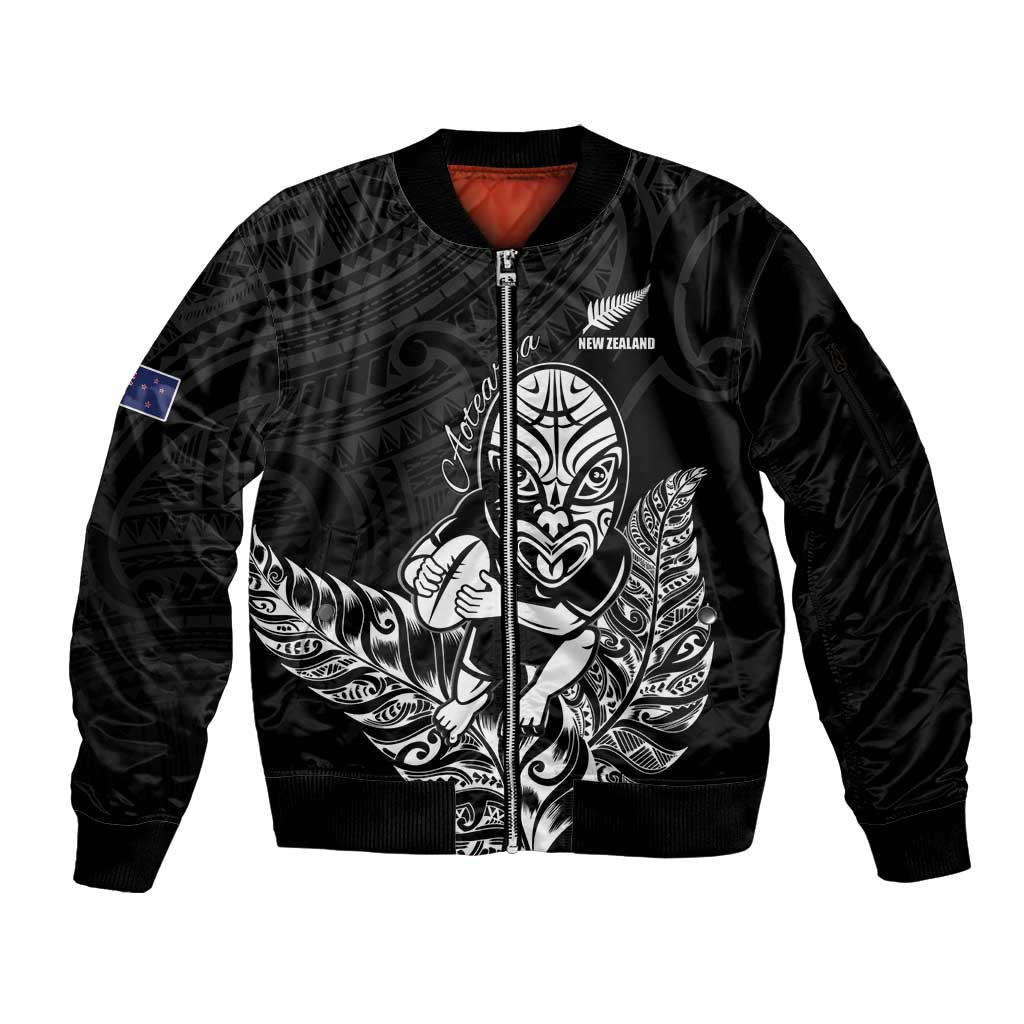 New Zealand Silver Fern Rugby Custom Sleeve Zip Bomber Jacket Maori Tiki Black Version