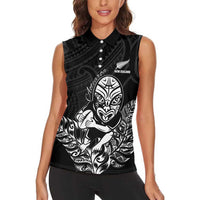 New Zealand Silver Fern Rugby Custom Women Sleeveless Polo Shirt Maori Tiki Black Version