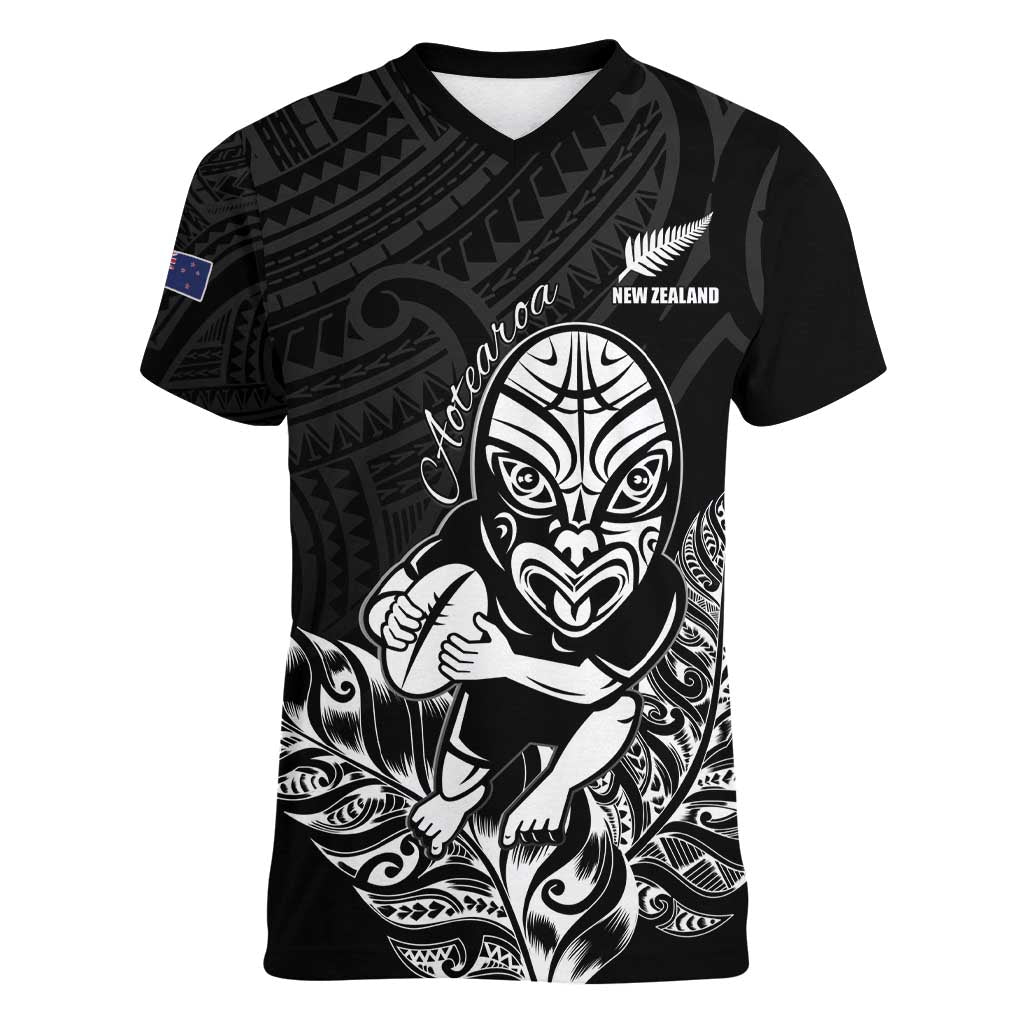 New Zealand Silver Fern Rugby Custom Women V-Neck T-Shirt Maori Tiki Black Version