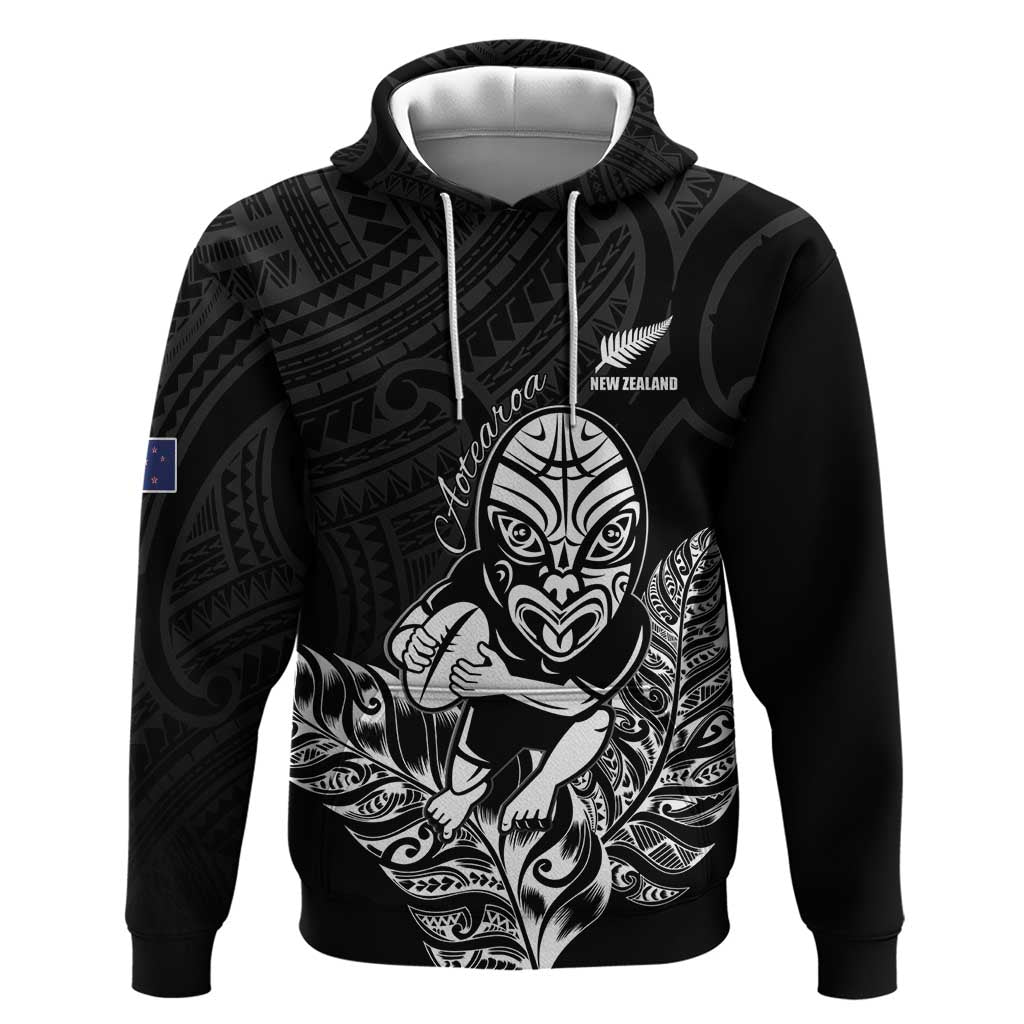 New Zealand Silver Fern Rugby Custom Zip Hoodie Maori Tiki Black Version