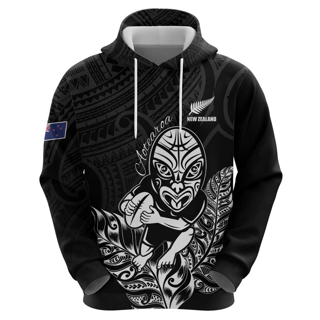 New Zealand Silver Fern Rugby Custom Zip Hoodie Maori Tiki Black Version