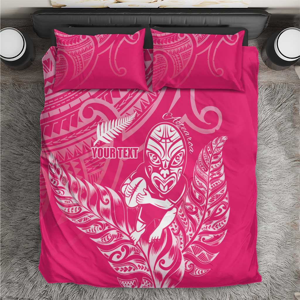 New Zealand Silver Fern Rugby Custom Bedding Set Maori Tiki Pink Version