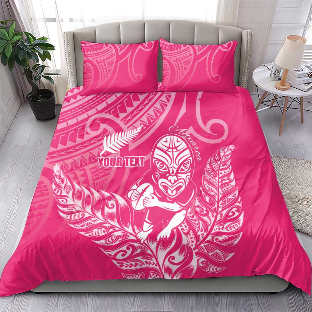 New Zealand Silver Fern Rugby Custom Bedding Set Maori Tiki Pink Version