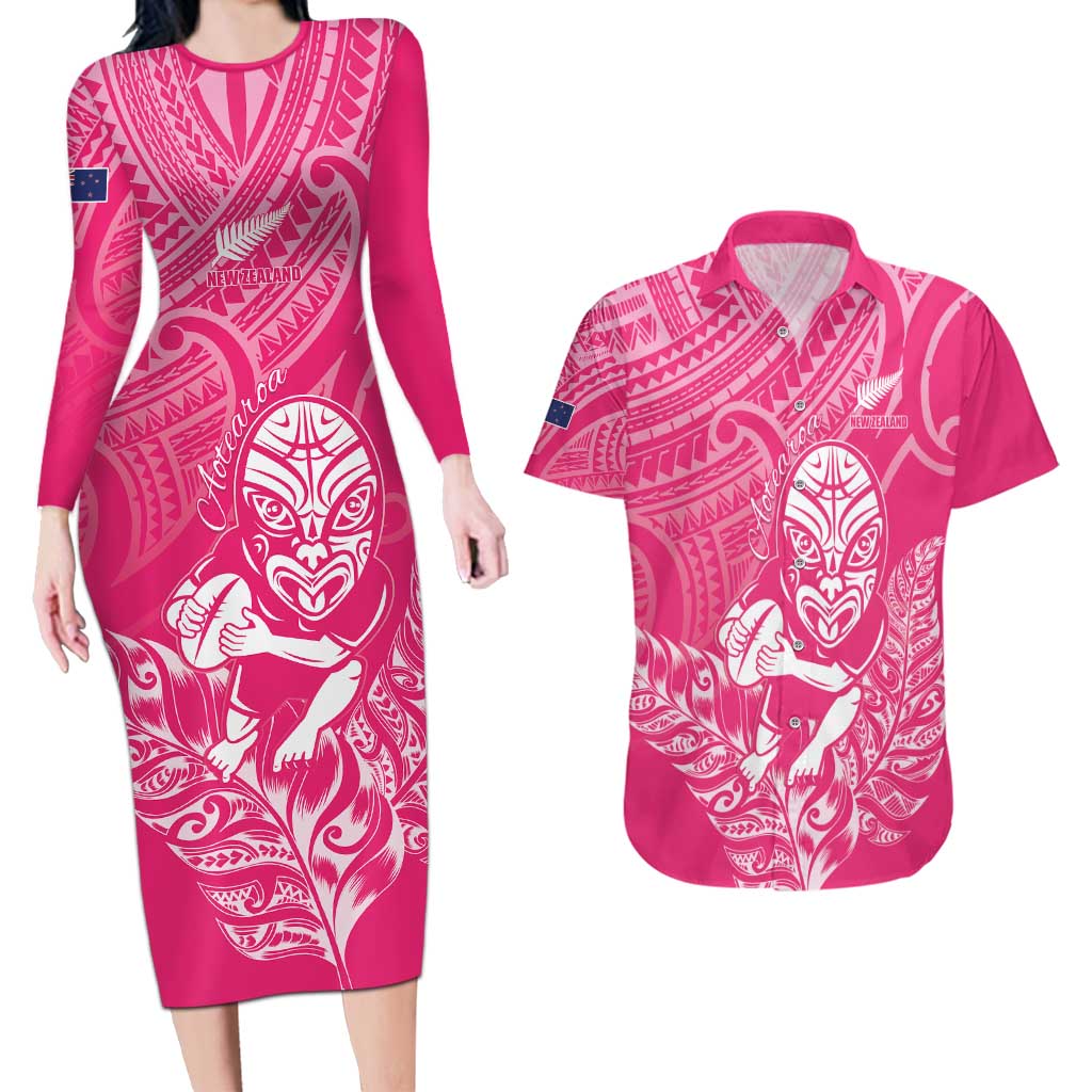New Zealand Silver Fern Rugby Custom Couples Matching Long Sleeve Bodycon Dress and Hawaiian Shirt Maori Tiki Pink Version