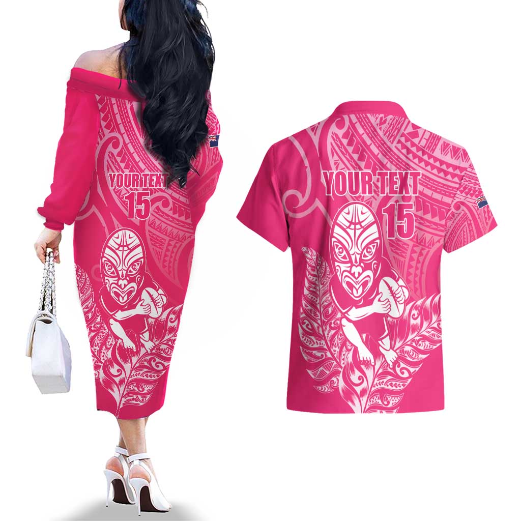 New Zealand Silver Fern Rugby Custom Couples Matching Off The Shoulder Long Sleeve Dress and Hawaiian Shirt Maori Tiki Pink Version