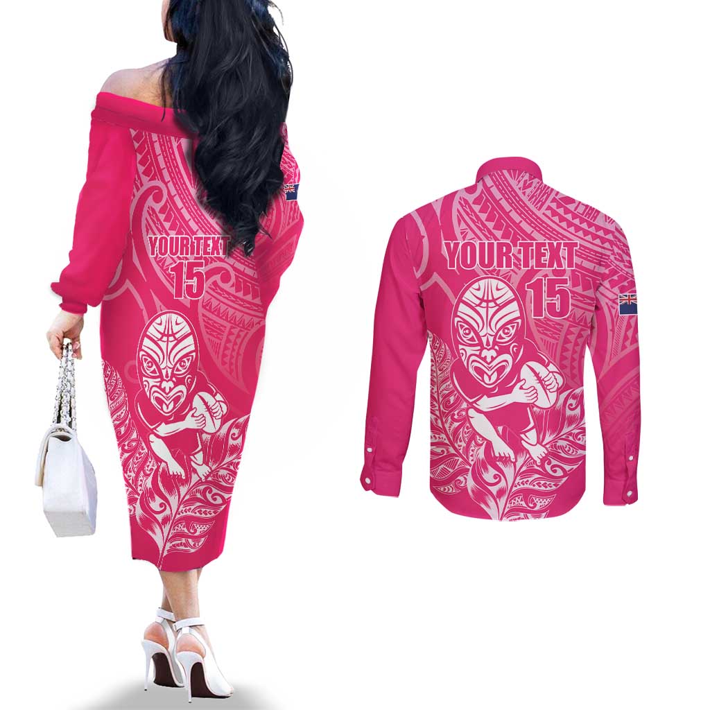 New Zealand Silver Fern Rugby Custom Couples Matching Off The Shoulder Long Sleeve Dress and Long Sleeve Button Shirt Maori Tiki Pink Version