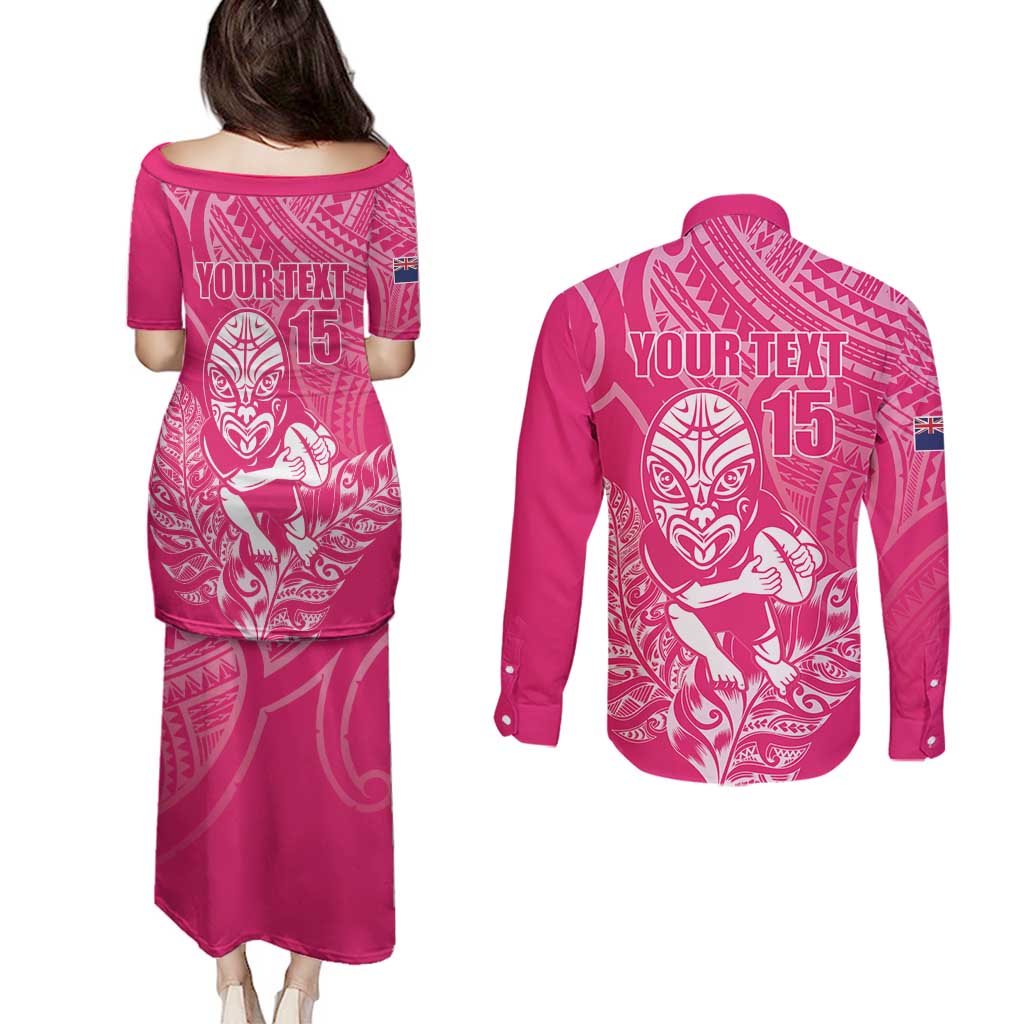 New Zealand Silver Fern Rugby Custom Couples Matching Puletasi and Long Sleeve Button Shirt Maori Tiki Pink Version