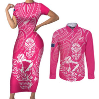 New Zealand Silver Fern Rugby Custom Couples Matching Short Sleeve Bodycon Dress and Long Sleeve Button Shirt Maori Tiki Pink Version