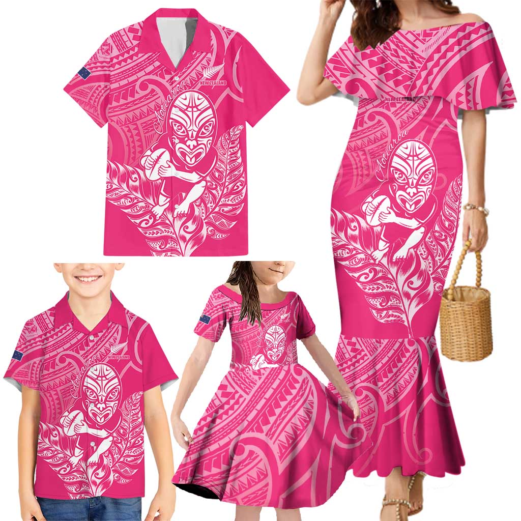New Zealand Silver Fern Rugby Custom Family Matching Mermaid Dress and Hawaiian Shirt Maori Tiki Pink Version