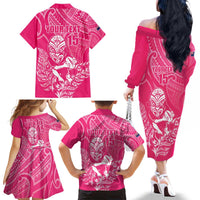 New Zealand Silver Fern Rugby Custom Family Matching Off The Shoulder Long Sleeve Dress and Hawaiian Shirt Maori Tiki Pink Version