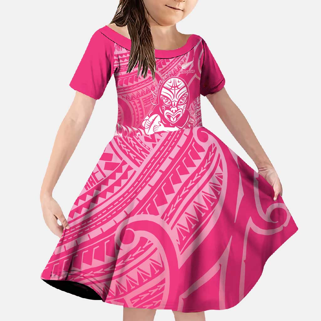 New Zealand Silver Fern Rugby Custom Family Matching Off Shoulder Maxi Dress and Hawaiian Shirt Maori Tiki Pink Version LT15 Daughter's Dress Pink - Polynesian Pride
