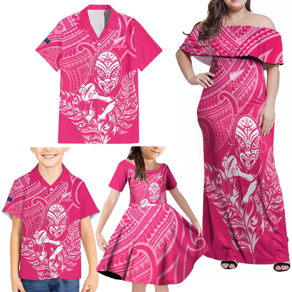 New Zealand Silver Fern Rugby Custom Family Matching Off Shoulder Maxi Dress and Hawaiian Shirt Maori Tiki Pink Version LT15 - Polynesian Pride