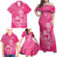 New Zealand Silver Fern Rugby Custom Family Matching Off Shoulder Maxi Dress and Hawaiian Shirt Maori Tiki Pink Version LT15 - Polynesian Pride