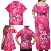 New Zealand Silver Fern Rugby Custom Family Matching Off Shoulder Maxi Dress and Hawaiian Shirt Maori Tiki Pink Version LT15 - Polynesian Pride
