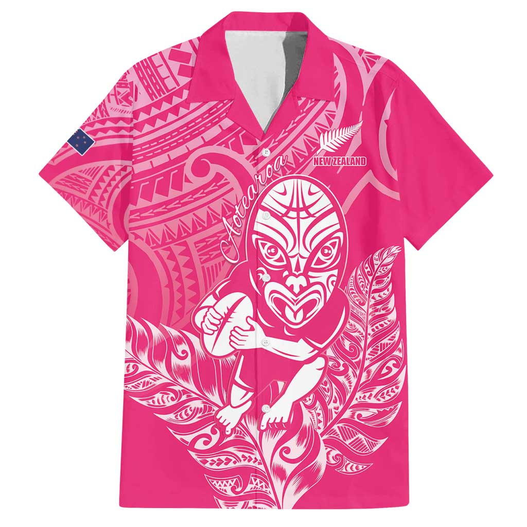 New Zealand Silver Fern Rugby Custom Family Matching Off Shoulder Maxi Dress and Hawaiian Shirt Maori Tiki Pink Version LT15 Dad's Shirt - Short Sleeve Pink - Polynesian Pride