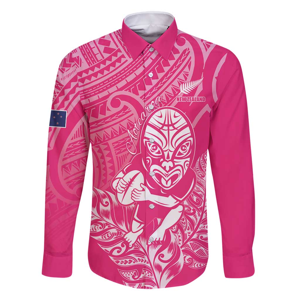 New Zealand Silver Fern Rugby Custom Family Matching Off Shoulder Maxi Dress and Hawaiian Shirt Maori Tiki Pink Version LT15 Dad's Shirt - Long Sleeve Pink - Polynesian Pride