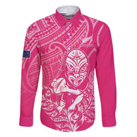 New Zealand Silver Fern Rugby Custom Family Matching Off Shoulder Maxi Dress and Hawaiian Shirt Maori Tiki Pink Version LT15 Dad's Shirt - Long Sleeve Pink - Polynesian Pride