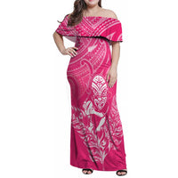 New Zealand Silver Fern Rugby Custom Family Matching Off Shoulder Maxi Dress and Hawaiian Shirt Maori Tiki Pink Version LT15 Mom's Dress Pink - Polynesian Pride