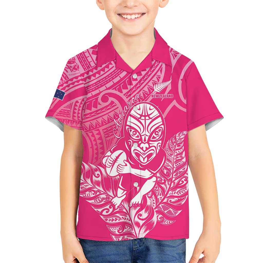 New Zealand Silver Fern Rugby Custom Family Matching Off Shoulder Maxi Dress and Hawaiian Shirt Maori Tiki Pink Version LT15 Son's Shirt Pink - Polynesian Pride