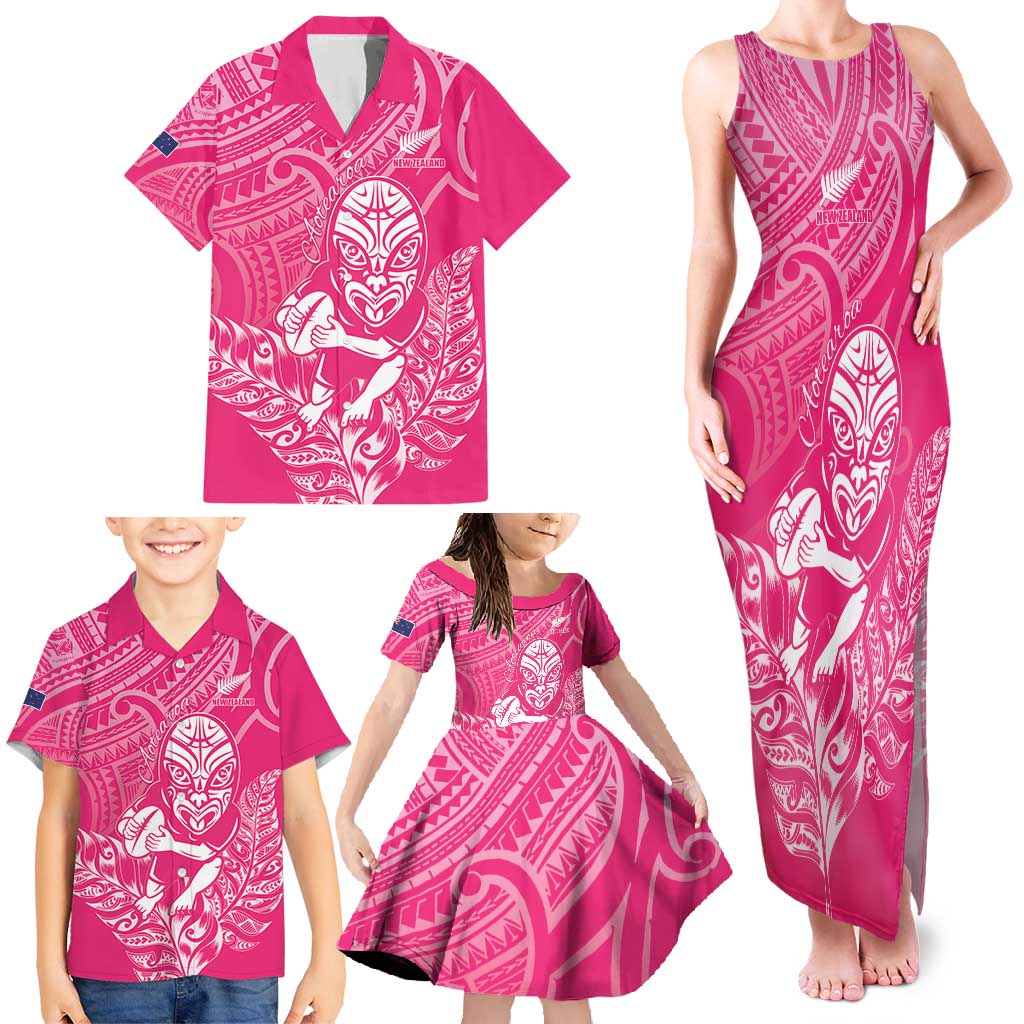 New Zealand Silver Fern Rugby Custom Family Matching Tank Maxi Dress and Hawaiian Shirt Maori Tiki Pink Version