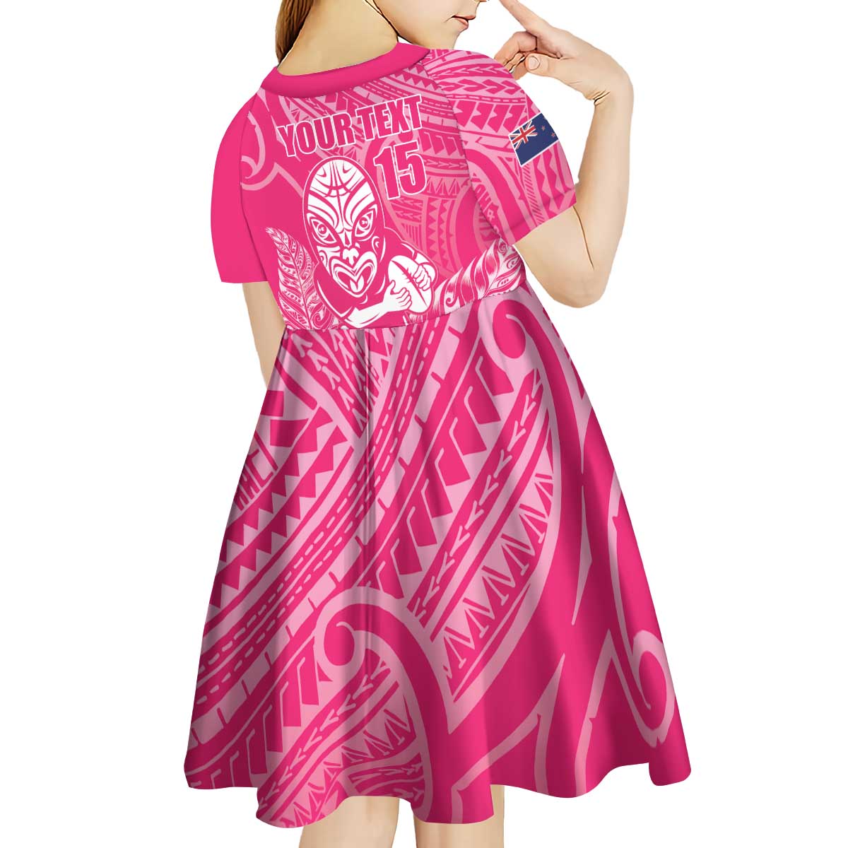 New Zealand Silver Fern Rugby Custom Kid Short Sleeve Dress Maori Tiki Pink Version