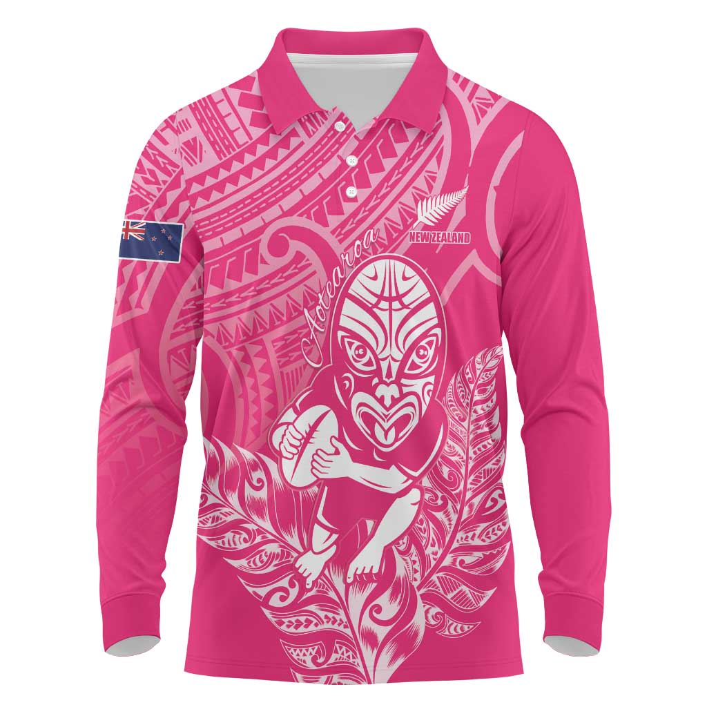 New Zealand Silver Fern Rugby Custom Long Sleeve Polo Shirt Maori Tiki Pink Version