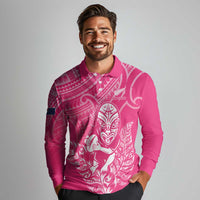 New Zealand Silver Fern Rugby Custom Long Sleeve Polo Shirt Maori Tiki Pink Version