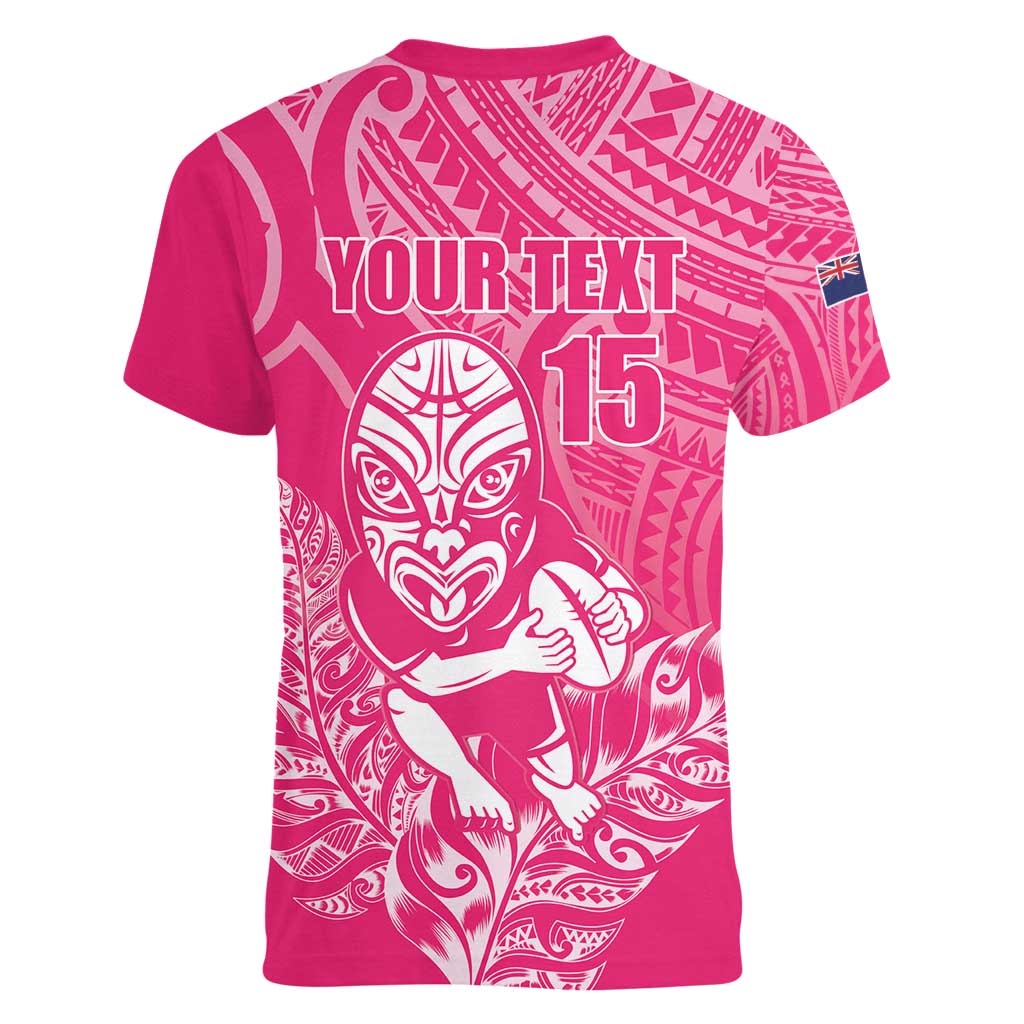 New Zealand Silver Fern Rugby Custom Women V-Neck T-Shirt Maori Tiki Pink Version