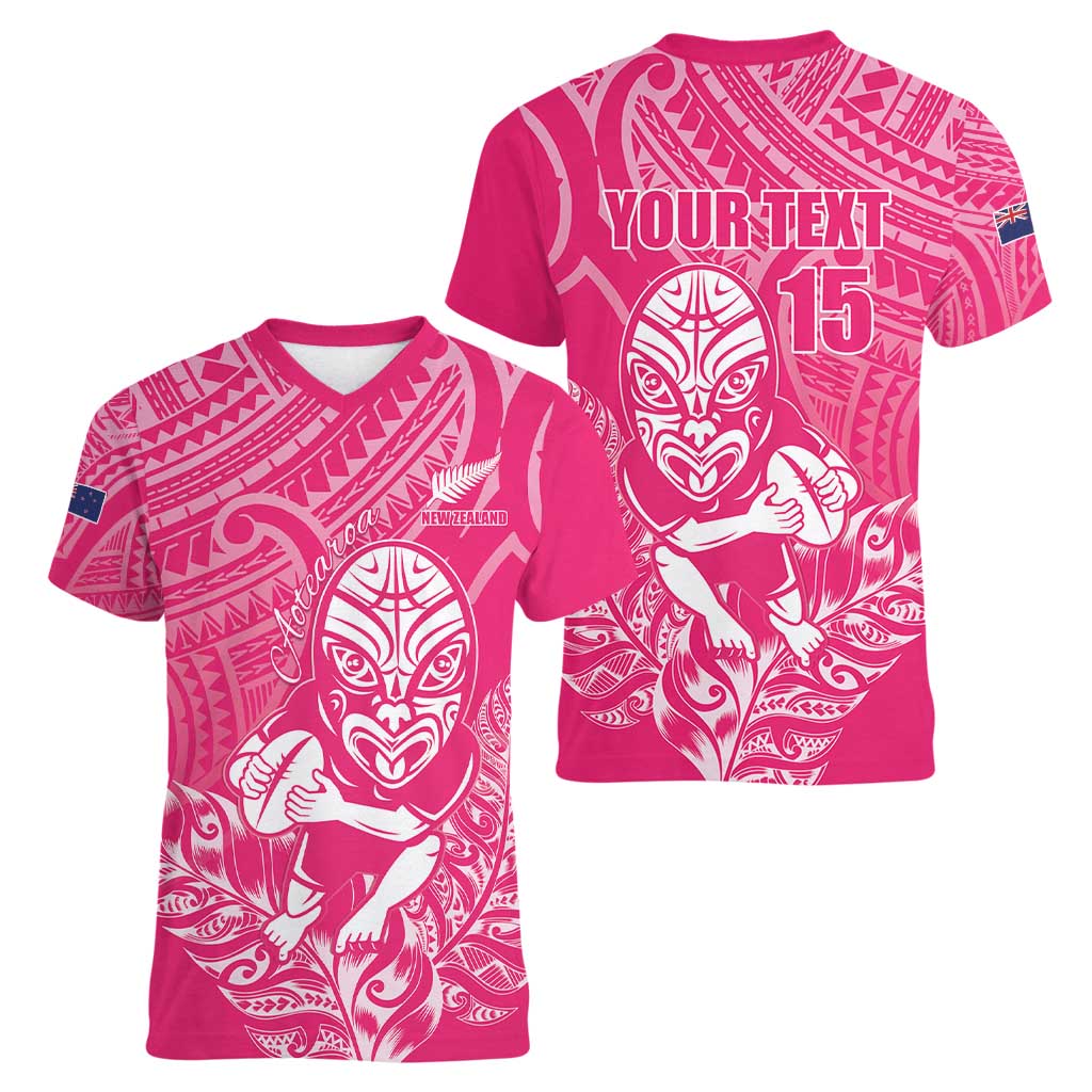 New Zealand Silver Fern Rugby Custom Women V-Neck T-Shirt Maori Tiki Pink Version