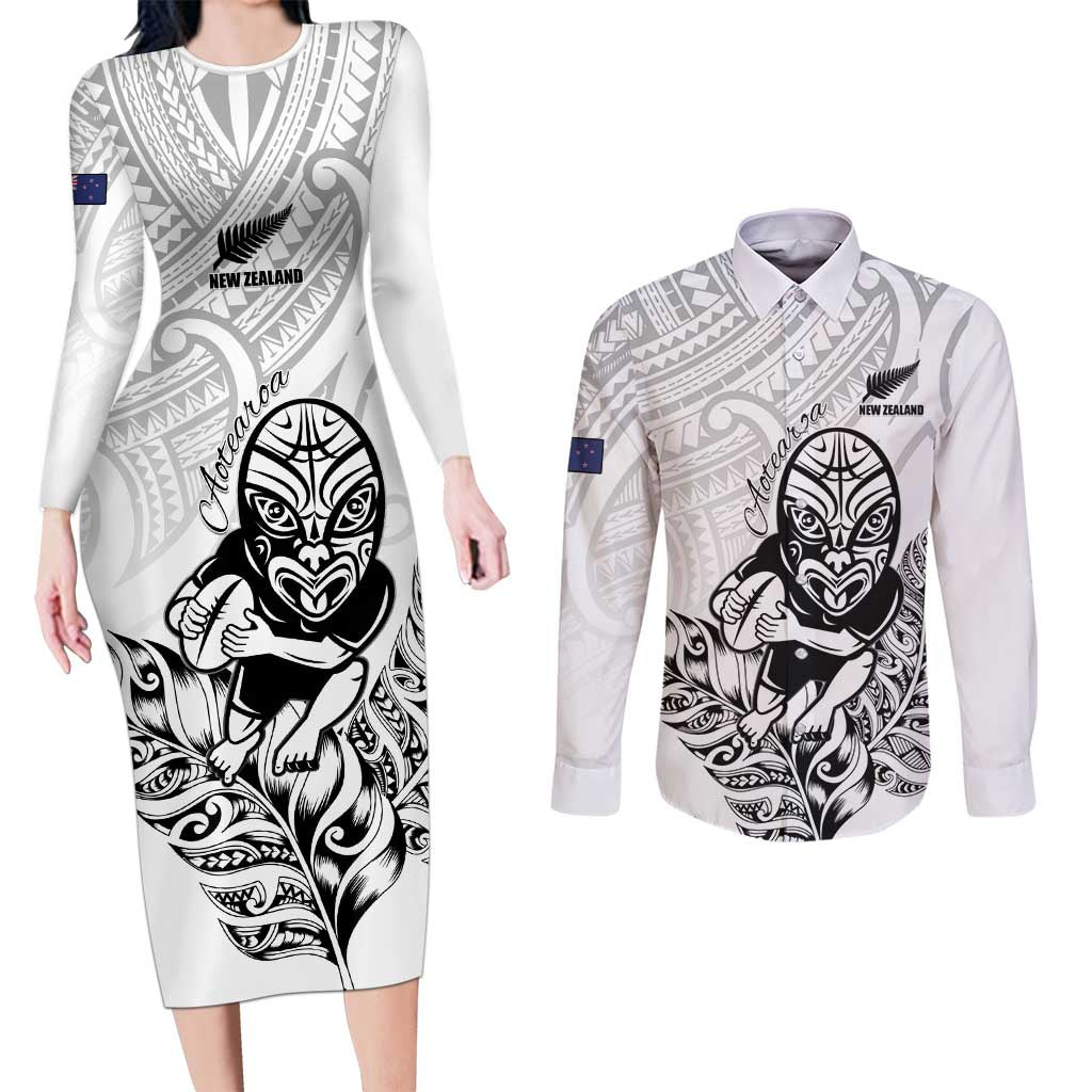New Zealand Silver Fern Rugby Custom Couples Matching Long Sleeve Bodycon Dress and Long Sleeve Button Shirt Maori Tiki White Version