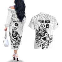 New Zealand Silver Fern Rugby Custom Couples Matching Off The Shoulder Long Sleeve Dress and Hawaiian Shirt Maori Tiki White Version