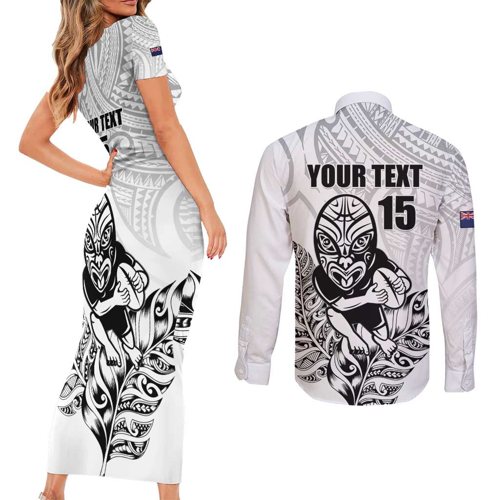 New Zealand Silver Fern Rugby Custom Couples Matching Short Sleeve Bodycon Dress and Long Sleeve Button Shirt Maori Tiki White Version