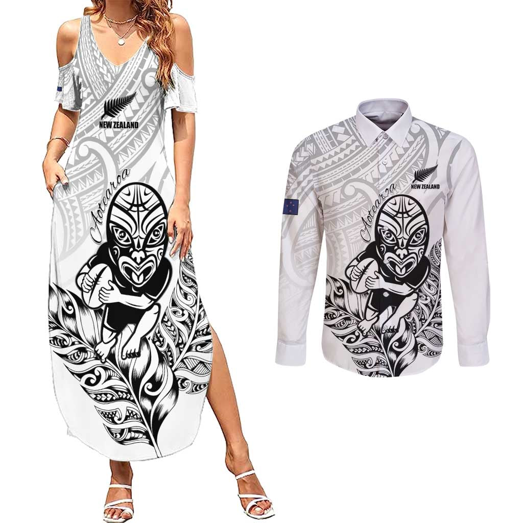 New Zealand Silver Fern Rugby Custom Couples Matching Summer Maxi Dress and Long Sleeve Button Shirt Maori Tiki White Version