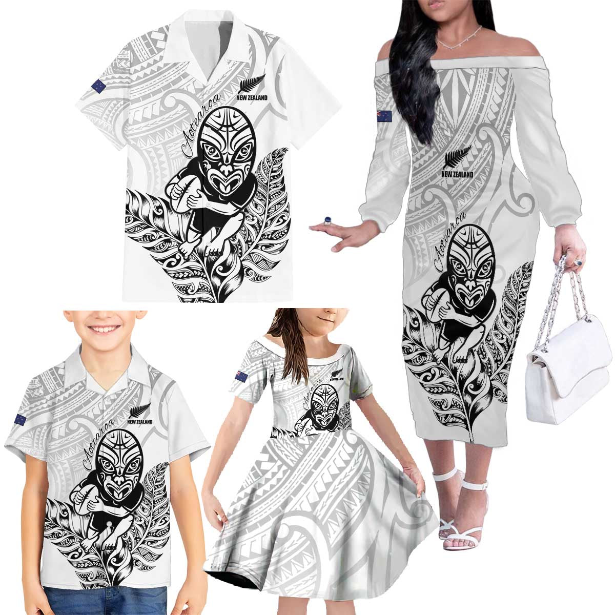 New Zealand Silver Fern Rugby Custom Family Matching Off The Shoulder Long Sleeve Dress and Hawaiian Shirt Maori Tiki White Version