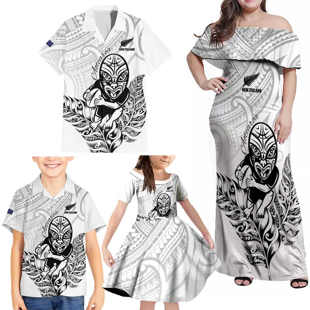 New Zealand Silver Fern Rugby Custom Family Matching Off Shoulder Maxi Dress and Hawaiian Shirt Maori Tiki White Version