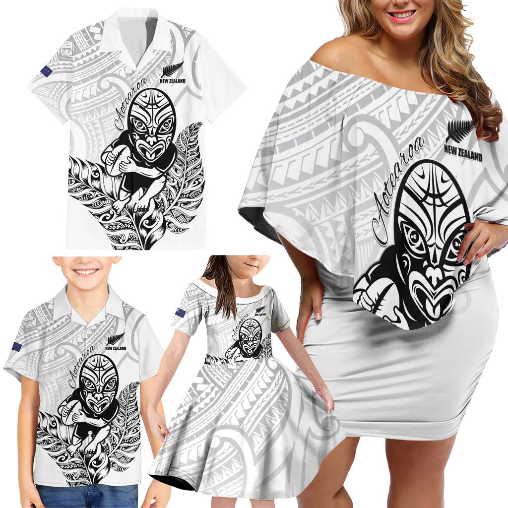 New Zealand Silver Fern Rugby Custom Family Matching Off Shoulder Short Dress and Hawaiian Shirt Maori Tiki White Version