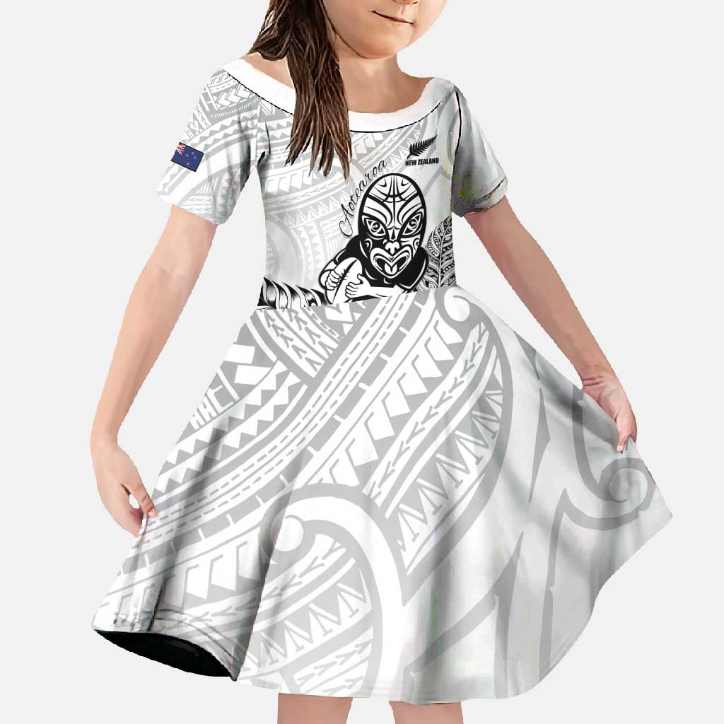 New Zealand Silver Fern Rugby Custom Family Matching Short Sleeve Bodycon Dress and Hawaiian Shirt Maori Tiki White Version