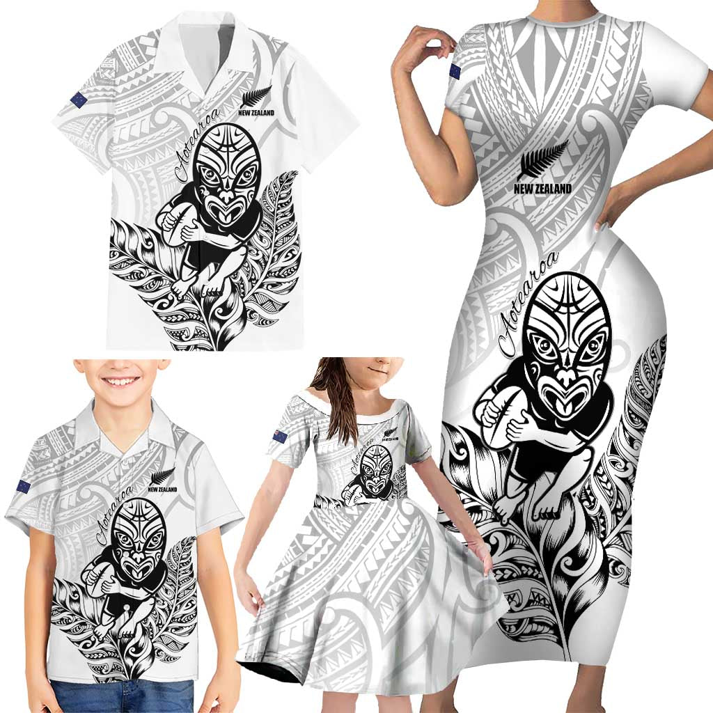 New Zealand Silver Fern Rugby Custom Family Matching Short Sleeve Bodycon Dress and Hawaiian Shirt Maori Tiki White Version