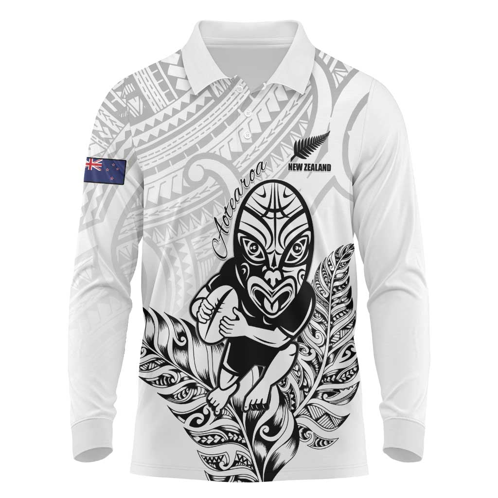 New Zealand Silver Fern Rugby Custom Long Sleeve Polo Shirt Maori Tiki White Version