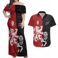Custom British Lions New Zealand Couples Matching Off Shoulder Maxi Dress and Hawaiian Shirt Unique Style LT18 Red - Polynesian Pride