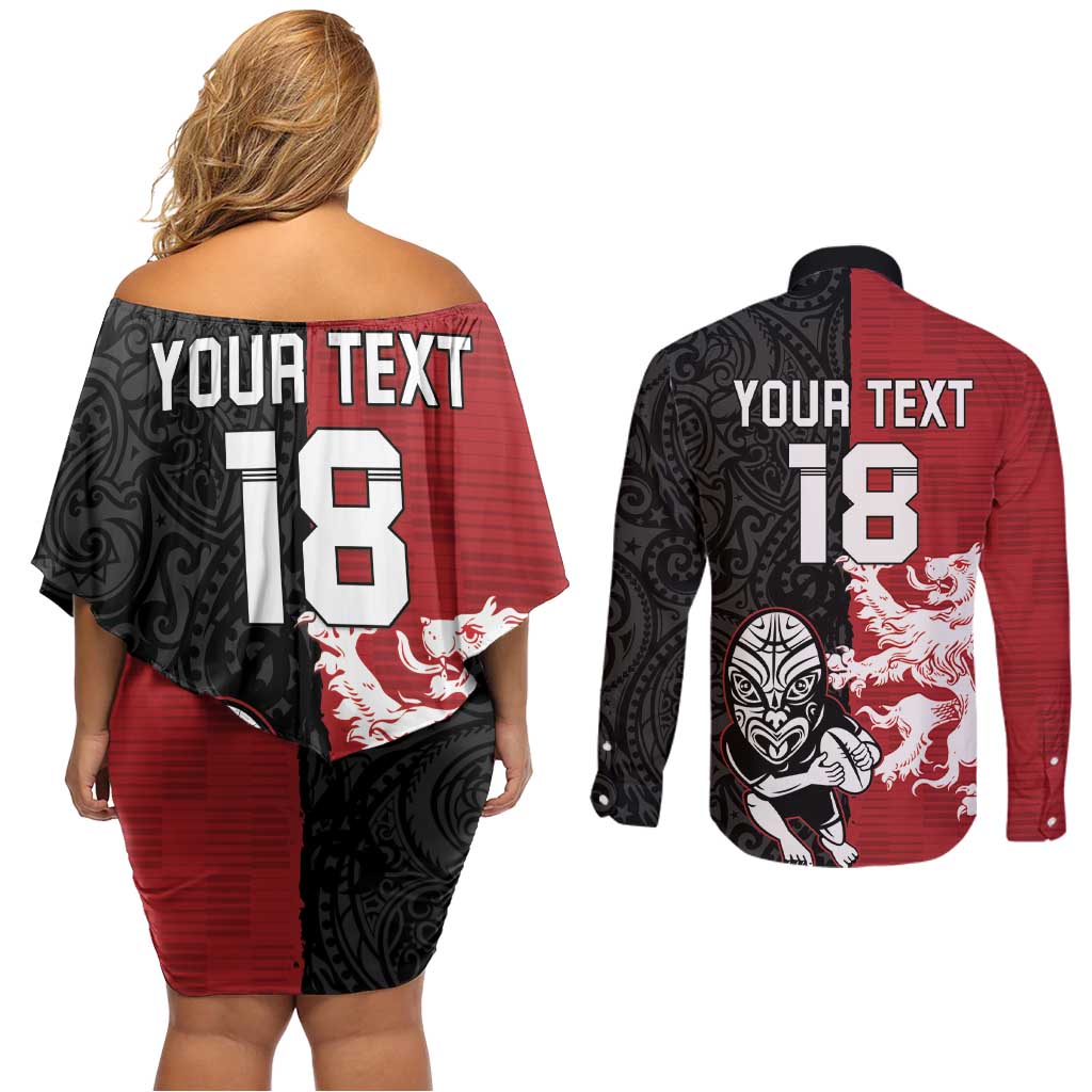 Custom British Lions New Zealand Couples Matching Off Shoulder Short Dress and Long Sleeve Button Shirt Unique Style LT18 - Polynesian Pride