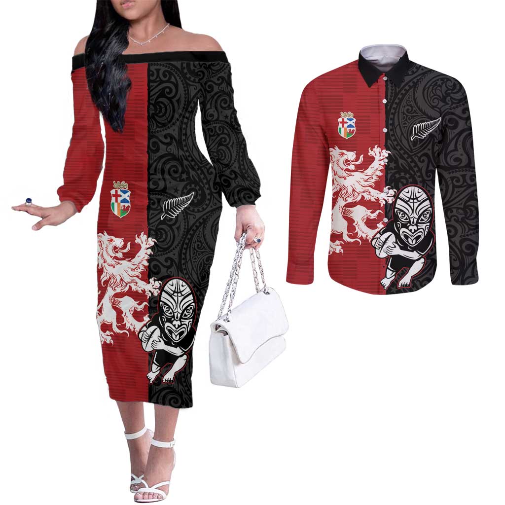 Custom British Lions New Zealand Couples Matching Off The Shoulder Long Sleeve Dress and Long Sleeve Button Shirt Unique Style - Polynesian Pride