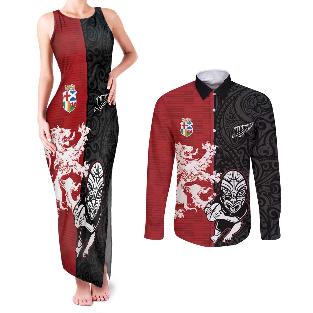 Custom British Lions New Zealand Couples Matching Tank Maxi Dress and Long Sleeve Button Shirt Unique Style - Polynesian Pride