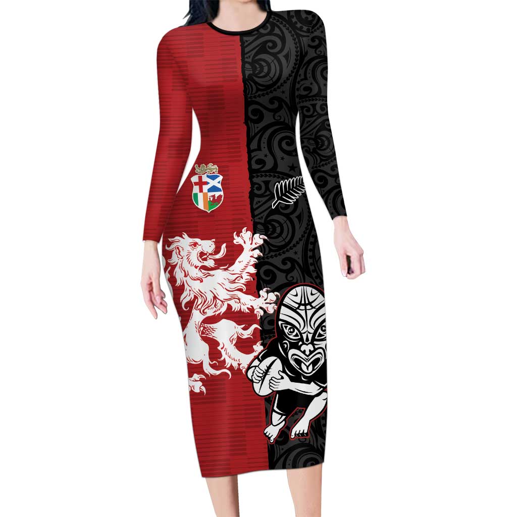 Custom British Lions New Zealand Long Sleeve Bodycon Dress Unique Style - Polynesian Pride